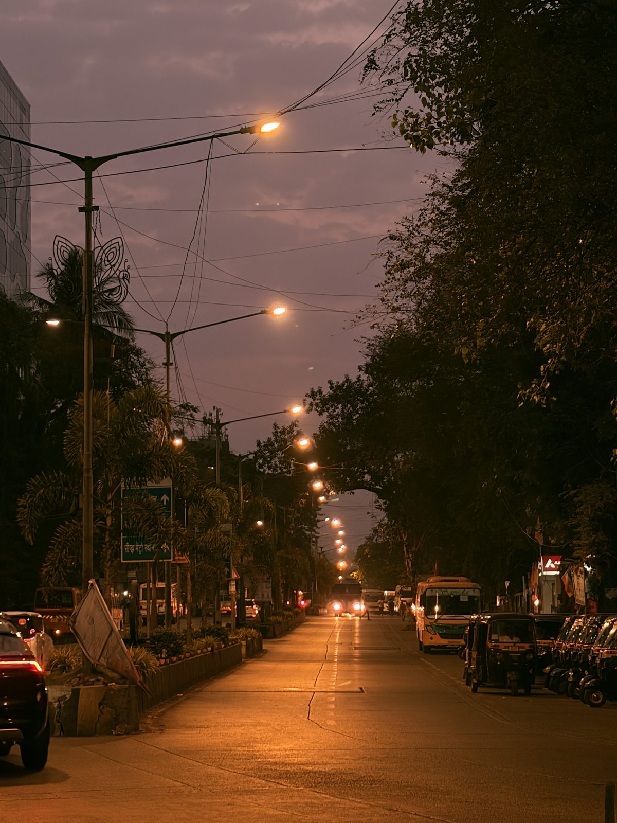 A street lit at dusk